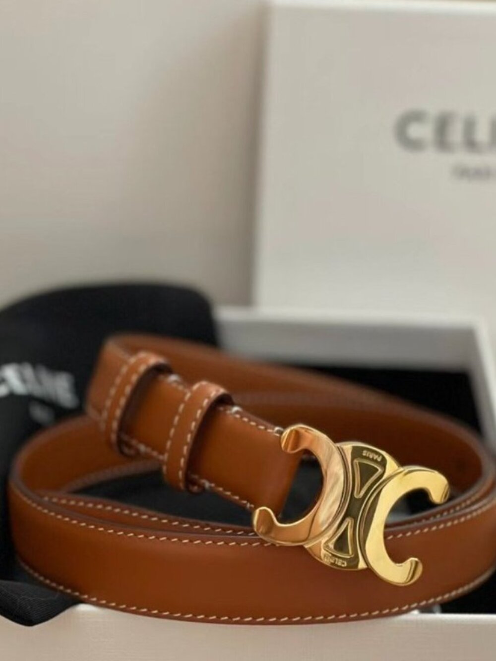 Celine Brown Leather Belt with Gold Buckle - Picture 2 of 7